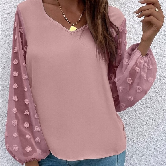 🎀 ELEGANT MUAVE SHEER POLKA DOT SLEEVE LOOSE FIT BLOUSE! - Picture 3 of 8